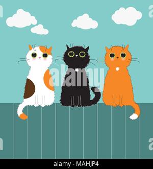 Trois kittys sur fence Illustration de Vecteur