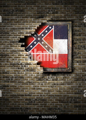 Le rendu 3D d'un indicateur d'État du Mississippi sur une plaque métallique rouillée embarqué sur un vieux mur de brique Banque D'Images