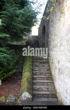 Vieilles marches en pierre couvertes de mousse menant entre les murs du jardin dans un domaine historique fortifié, dans la campagne anglaise Banque D'Images