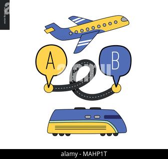 Du point A au point B - boucle une route asphaltée reliant deux points - concept d'un problème de mathématiques, la solution de transport avion et train Illustration de Vecteur