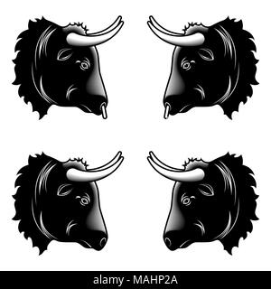 Design stylisé de Bull Head. Vector illustration de Bull Head en couleur noir, avec et sans un anneau dans le nez. Silhouette taureau vecteur Illustration de Vecteur