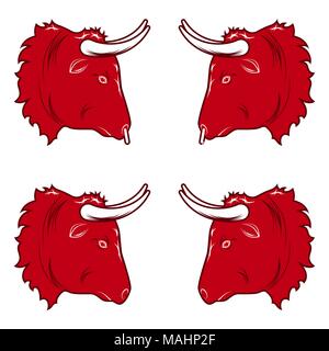 Design stylisé de Bull Head. Vector illustration de Bull en tête de couleur rouge, avec et sans un anneau dans le nez. Silhouette taureau vecteur Illustration de Vecteur