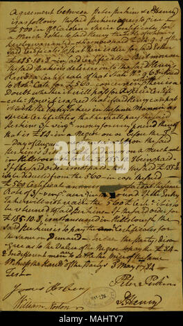 En ce qui concerne la vente d'une esclave nommée Esther à Peter Perkins en Caroline du Nord. Notation sur le dos du document se lit, "anuscript de Patrick Henry qui m'a été présentée par le révérend Edward Fontaine,' [signé] Robt.[ ?] Dalton.) Titre : accord signé Patrick Henry, le 3 mai 1784 . 3 mai 1784. Henry, Patrick, 1736-1799 Banque D'Images