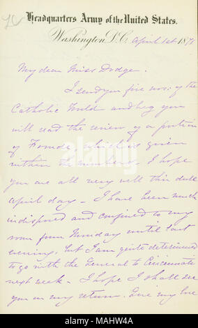 Affirme qu'elle est en train d'envoyer cinq copies du "Monde catholique" pour Dodge à lire. Nous parle de son projet de voyage à Cincinnati avec le général Sherman. Titre : lettre signée Ellen B. E. Sherman, Washington, D.C., à Mlle Dodge, Avril 1, 1871 . 1 avril 1871. Sherman, Ellen Ewing Banque D'Images