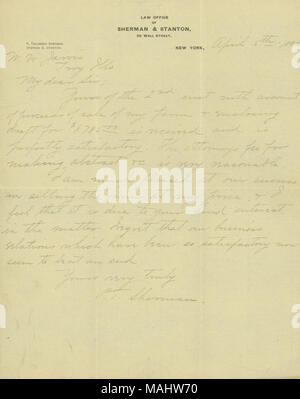 Reconnaît qu'il a reçu le produit de la vente de la propriété, et il Sherman est satisfait. Titre : lettre signée P.T. Sherman, Bureau du droit de Sherman et Stanton, 59 Wall Street, New York, à W.W. Jarvis, Troy, maux., 5 avril 1892 . 5 avril 1892. Sherman, P. T. Banque D'Images