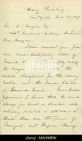 En ce qui concerne la création d'une statue d'Ulysses S. Grant pour être placé dans le parc de la forêt à St Louis. Titre : lettre signée W.T. L'Armée de Sherman, Building, New York, à George H. Morgan, Saint Louis, le 29 mars 1887 . 29 mars 1887. Sherman, William T. (William Tecumseh), 1820-1891 Banque D'Images