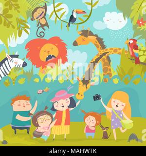 Heureux les enfants de zoo avec des animaux d'Afrique sauvage Illustration de Vecteur