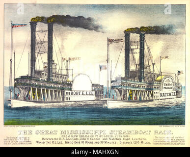 Lithographie coloriée au horizontal montrant le Robert E. Lee et les Natchez, deux bateaux à vapeur, à côté de l'autre, illustrant la grande course Steamboat Mississippi. Détails de la course sont imprimés au bas de l'image. Titre : 'la Grande Course de bateau à vapeur du Mississippi. De la Nouvelle Orléans à Saint Louis, juillet 1870.'. . Vers 1870. Currier et Ives Banque D'Images