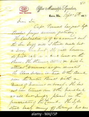 Mentionne plusieurs canonnières. Titre : Lettre de K. R. Breese, Office de l'Escadron du Mississippi, Le Caire, New York, David D. [à] porter, le 6 septembre 1863 . 6 septembre 1863. Breese, R. K. Banque D'Images