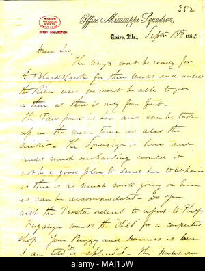 L'état traite de plusieurs canonnières, et mentionne le désir de Walker pour rejoindre l'Escadron. Titre : Lettre de K. R. Breese, Office de l'Escadron du Mississippi, Le Caire, New York, David D. [à] porter, le 13 septembre 1863 . 13 septembre 1863. Breese, K.R. Banque D'Images