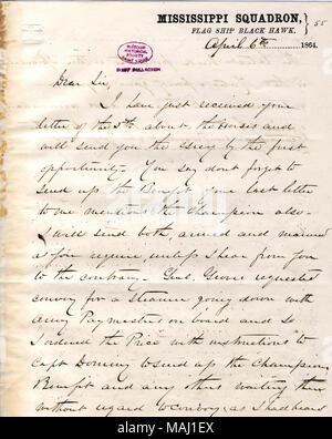 Légales bateaux sur la rivière. Titre : Lettre de K. R. Breese, le Mississippi, l'Escadron Flag Ship Black Hawk, à [David D.] Porter, le 6 avril 1864 . 6 avril 1864. Breese, R. K. Banque D'Images