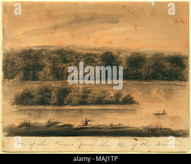 Dessin à l'encre, probablement du paysage de la rivière Mississippi, avec une chaloupe avec un chiffre et un sac de marchandises au côté gauche par Anna Maria von Phul Titre : Dessin intitulé 'une des vues du haut de la butte" par Anna Maria Von Phul . 1818. Von Phul, Anna Maria Banque D'Images