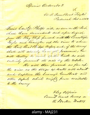 Seth commandes Ledyard Phelps pour détruire le Memphis and Ohio railroad bridge après la reddition du fort Henry et puis procéder à la capture de l'ennemi canonnières. Titre : Lettre de U. S. S. Taylor, Paducah, Kentucky, commande spéciale n° 3, Février 2, 1862 . 2 février 1862. Banque D'Images
