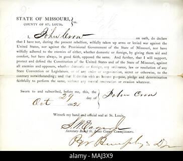 Prête serment d'allégeance au Gouvernement des États-Unis et de l'État du Missouri. Titre : serment de fidélité, John Crow, du Missouri, du comté de Saint Louis . 29 octobre 1862. Crow, J. Banque D'Images