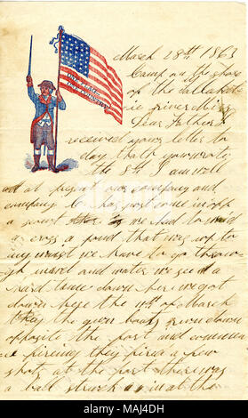 Décrit pataugeant dans une rivière et d'une escarmouche qui a eu lieu au Mississippi. Illustré de la papeterie. Transcription : le 28 mars 1863 Camp sur la rive de la rivière Tallahate[Tallahatchie River] Mlle Cher Père j'ai reçu votre lettre à jour que vous avez écrit le 8ème Je suis bien votre annonce à l'heure actuelle, notre société et l'entreprise C vient tout juste d'entrer dans l'un scout il nous avons dû waid une croix une mare qui a été jusqu'à ma taille nous devons passer par la boue et l'eau nous voir un moment difficile ici-bas nous sommes arrivés ici le 11 mars, ils le pistolet bateaux délabré en face du port et a commencé fireing ils ont tiré quelques coups de Banque D'Images