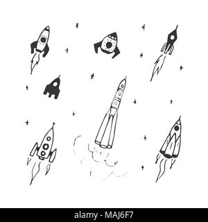 Vector set de hand drawn doodle icône rocket rocket et silhouette. Conception icône rocket, des vaisseaux spatiaux, fusée Illustration de Vecteur