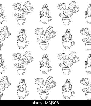 Vector Fleur de cactus. Modèle sans couture avec cactus en pot. Cactus dessiné à la main livre à colorier Illustration de Vecteur