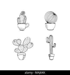 Vector set de hand drawn cactus en pot. Cartoon cactus. Colorin page book de cactus Illustration de Vecteur