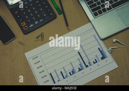 Les ordinateurs portables et les graphiques calculatrice. Vue de dessus Banque D'Images