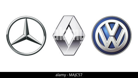 Kiev, Ukraine - 09 novembre 2017 : Collection de voiture logos imprimés sur papier blanc : Mercedes Benz, Volkswagen et Renault Banque D'Images