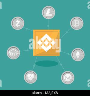 Blockchain binance Cryptocurrency - technologie d'échange. Vector Illustration dans télévision style design. Concept d'affaires Illustration de Vecteur