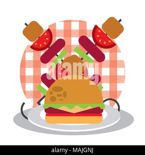 Burger de pique-nique et kebab avec de la saucisse et tomate sur nappe à carreaux design vector illustration Illustration de Vecteur
