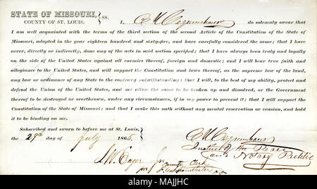 Prête serment d'allégeance au Gouvernement des États-Unis et de l'État du Missouri. Titre : serment de fidélité C. Hequembourg du Missouri, dans le comté de Saint Louis . 29 juillet 1865. Hequembourg, ch. Banque D'Images