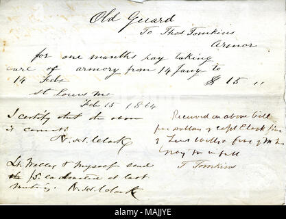Paiement pour prendre soin de l'armoirie du 14 janvier-février 14, 1864. Titre : La réception de paiement de 15,00 $ reçus par T. de Captain Tomkins N.H. Clark de la vieille garde (St. Louis, Mo.), le 15 février 1864 . 15 février 1864. Clark, N. H. Banque D'Images