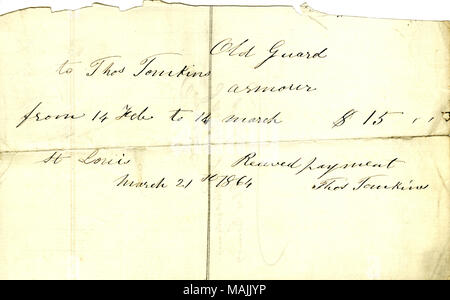 Le paiement des services comme armurier du 14 février-mars 14, 1864. Titre : La réception de paiement de 15,00 $ reçu par Thomas Tomkins à partir de la vieille garde (St. Louis, Mo.), le 21 mars 1864 . 21 mars 1864. Tomkins, Thomas Banque D'Images