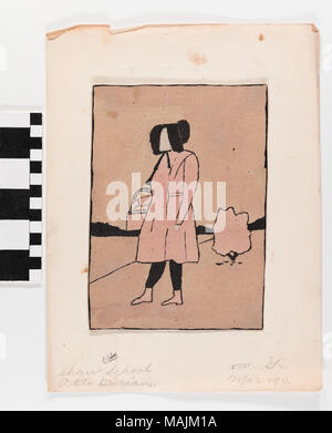 Dessin encre et aquarelle sur carton, ont adhéré au papier. Le dessin est d'une personne d'un manteau rose avec un sac rose, portant un chapeau noir. Titre : Dessin 'Girl Carrying Basket' par Otto Burian . Mars 1911. Burian, Otto Banque D'Images
