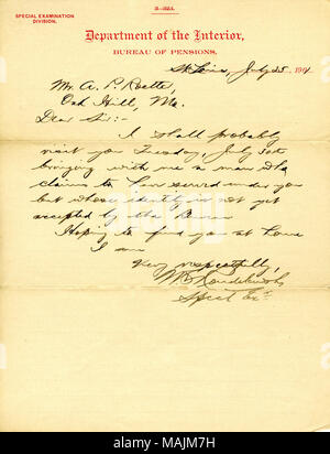 Membres, 'Je vais probablement vous rendre visite Mardi, Juillet 30th, apportant avec moi un homme qui prétend avoir servi sous vous mais dont l'identité n'est pas encore accepté par le Bureau ?ǫ' Title : Lettre du ministère de l'Intérieur, Bureau des pensions, St Louis, à l'A.P. Roetter, Oak Hill, Mo., 25 juillet 1891 . 25 juillet 1891. United States. Bureau des pensions Banque D'Images