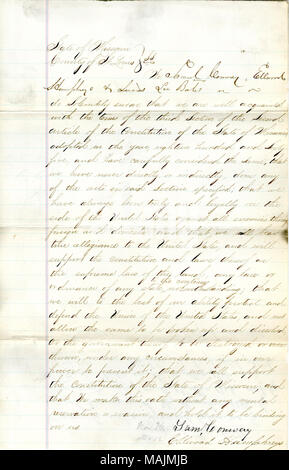 Prête serment d'allégeance au Gouvernement des États-Unis et de l'État du Missouri. Titre : serment de loyauté de Samuel Conway, Elwood Humphreys, et Lucius Lee Bates, de New York, comté de Saint Louis . 27 décembre 1866. Conway, Samuel Banque D'Images