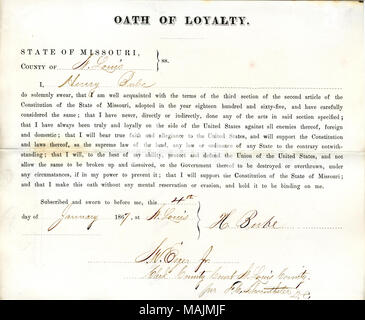Prête serment d'allégeance au Gouvernement des États-Unis et de l'État du Missouri. Titre : serment de loyauté de Henry Bube du Missouri, dans le comté de Saint Louis . 4 janvier 1867. Bube, H. Banque D'Images
