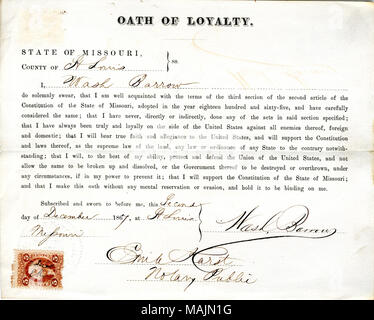 Prête serment d'allégeance au Gouvernement des États-Unis et de l'État du Missouri. Titre : serment de loyauté de Wash Barrow du Missouri, comté de Saint Louis . 5 décembre 1867. Barrow, W. Banque D'Images