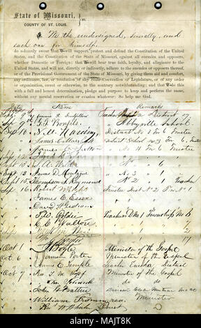 Prête serment d'allégeance au Gouvernement des États-Unis et de l'État du Missouri. Titre : serment de loyauté signé par divers enseignants et les ministres, Saint Louis. . Entre 1862 et 1863. Banque D'Images