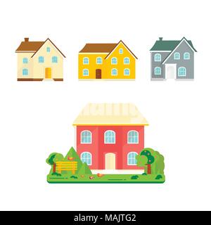 Résumé fond printemps avec maison confortable, maison, chalet, avec arbres, fleurs, banc. Bâtiment moderne à louer ou vendre. Modèle plat paysage urbain. Illustration de Vecteur