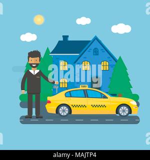 Yellow Cab de la machine avec chauffeur dans la ville. Service de taxi public concept. Télévision vector illustration. Illustration de Vecteur