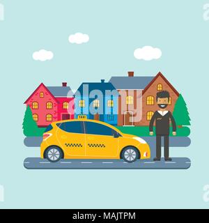 Yellow Cab de la machine avec chauffeur dans la ville. Service de taxi public concept. Télévision vector illustration. Illustration de Vecteur