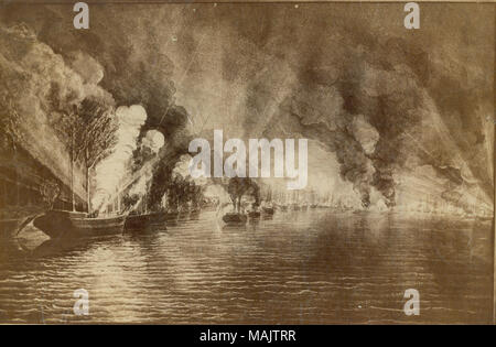 Croquis de bateaux de mortier en premier plan avec les arbres fixés aux mâts et des navires, l'incendie, et de la fumée dans l'arrière-plan. 'Guerre civile Photo. La flotte de l'amiral Farragut commençant à attaquer des forts Jackson et Saint Philips au fleuve Mississippi ci-dessous la Nouvelle Orléans. Bateaux mortier montre commandée par l'amiral D. D. Porter. Les bateaux de mortier sont déguisés avec des branches d'arbres liée à la tête de mât pour tromper les Confédérés - à partir d'un croquis de l'Inde faite par l'amiral Henry Walke à l'époque. Le croquis original ainsi que d'autres par Walkyrie ont été détruits dans un incendie. Don de John H. Gundlach.' (écrit sur le verso). Titre : Banque D'Images