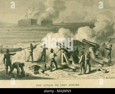 Imprimer des canons de tir des artilleurs en premier plan à Fort Sumter en arrière-plan. 'L'attaque du fort Sumter.' (imprimé ci-dessous l'image). Titre : 'L'attaque du Fort Sumter.' . Entre 1861 et 1865. Bobbett Banque D'Images