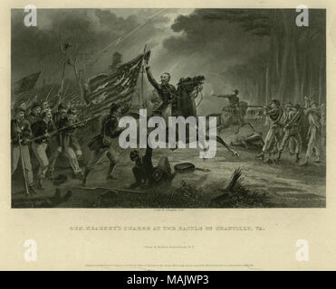 Imprimer du Général Kearney dans le centre à cheval avec les troupes de l'Union de la gauche de l'image vers troupes confédérées sur le côté droit. 'GEN. KEARNEY'S CHARGE À LA BATAILLE DE Chantilly, VA." (imprimé ci-dessous l'image). À partir de : "La Grande Guerre Civile. Tome III Par Robt. Towes, M. D. et Benjamin G. Smith publiée par la vertu et Yorston, 1865' (écrit sur le verso). Titre : 'Le Général Kearney's Charge à la bataille de Chantilly, VA." . 1865. John R. Chapin Banque D'Images