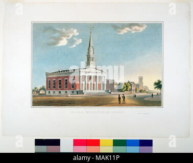 Lithographie coloriée au horizontal montrant une église, au cinquième et noyer les rues, vu du sud-est. Au premier plan, deux hommes conversant sur un coin. Passer à la distance des bâtiments dans la rue. Titre : "Second Presbyterian Church' publié par J. C. lithographiées et Wild at the Missouri Republican Offic (sic). . Vers 1840. J. C. Wild Banque D'Images