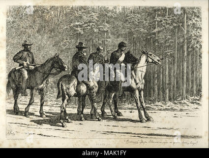 Imprimer des deux soldats et deux hommes en civil. L'un des civils est sur une mule, et les autres hommes sont à cheval. Ils sont arrêtés sur une route avec des arbres denses à l'arrière-plan. ''Bummers.' Ils êtes Johnnies aussi sûr que vous êtes né, les garçons !" (écrit sous l'image). 1876 'Copie-redressé par E. Forbes.' et 'PLATE 39.' (imprimé sous l'image). Titre : 'Bummers.' . 1876. Edwin Forbes Banque D'Images