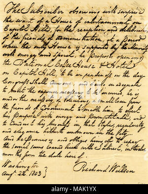 Propose d'ouvrir un café national et l'hôtel sur la colline du Capitole, et sollicite des fonds à cette fin. Titre : lettre signée Richard Willson, Washington, à Thomas Jefferson, le 22 août 1803 . 22 août 1803. Wilson, Richard Banque D'Images