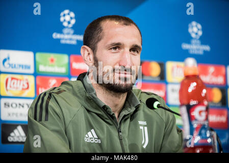 Turin, Italie. Apr 02, 2018. Giorgio Chiellini Juventus FC au cours de la conférence de presse avant l'UFC mathc contre de vrais Mardird. Allianz Stadium, Turin, Italie Le 02 avril 2018 Credit : Alberto Gandolfo/Pacific Press/Alamy Live News Banque D'Images