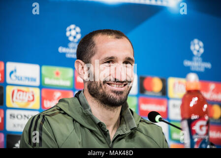 Turin, Italie. Apr 02, 2018. Giorgio Chiellini Juventus FC au cours de la conférence de presse avant l'UFC mathc contre de vrais Mardird. Allianz Stadium, Turin, Italie Le 02 avril 2018 Credit : Alberto Gandolfo/Pacific Press/Alamy Live News Banque D'Images