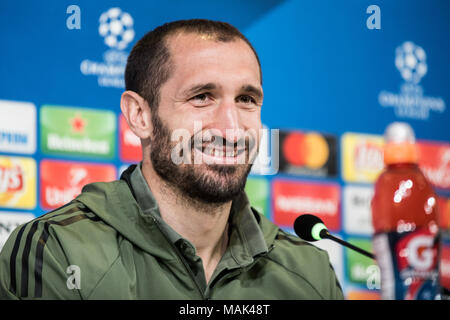 Turin, Italie. Apr 02, 2018. Giorgio Chiellini Juventus FC au cours de la conférence de presse avant l'UFC mathc contre de vrais Mardird. Allianz Stadium, Turin, Italie Le 02 avril 2018 Credit : Alberto Gandolfo/Pacific Press/Alamy Live News Banque D'Images