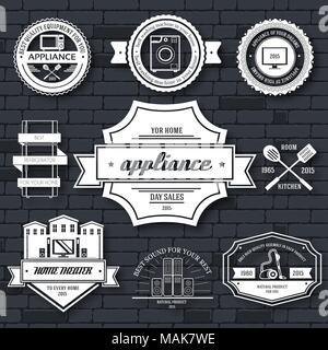 Modèle d'étiquette d'appareils de l'élément de l'emblème de votre produit ou de design, web et applications mobiles avec du texte. Vector illustration avec lignes fines sur les icônes isolé symbole de timbres Illustration de Vecteur