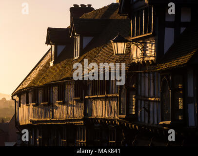 Lever du soleil illumine les bâtiments à colombages sur Wyle Cop, Shrewsbury, Shropshire. Banque D'Images