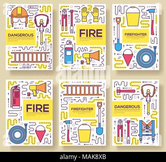 Télévision uniforme de pompier cartes ligne mince brochure vector set. premier modèle d'aide d'flyear, magazines, affiches, bannières, couverture de livre. Aperçu des instruments de mise en page illustrations pages modernes. Illustration de Vecteur